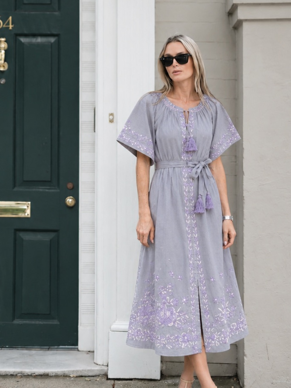 NWT Julia Amory Lavender Embroidered Midi Dress with Tie Waist